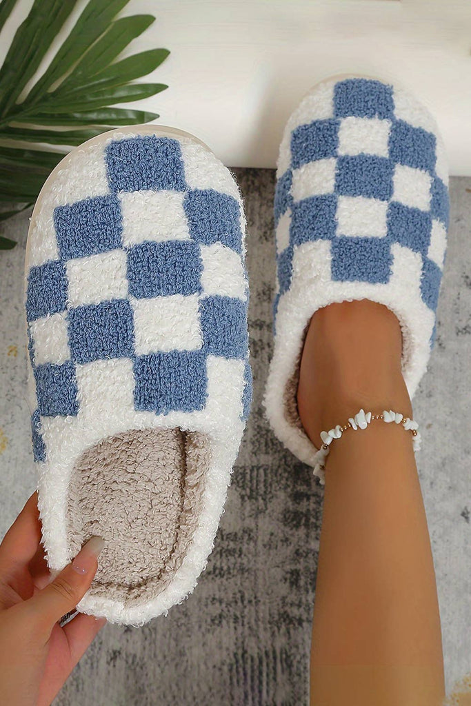 Checkered Print Fuzzy Slip On Winter Slippers Blue