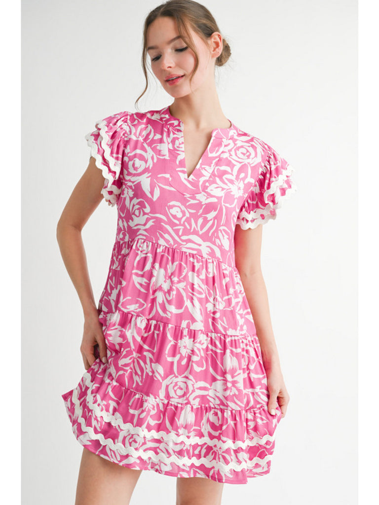 Hot ink Satin Print Dress with Split Neckline and Ric Rac detail