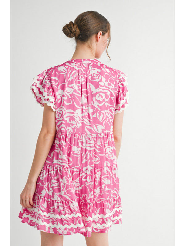 Hot ink Satin Print Dress with Split Neckline and Ric Rac detail