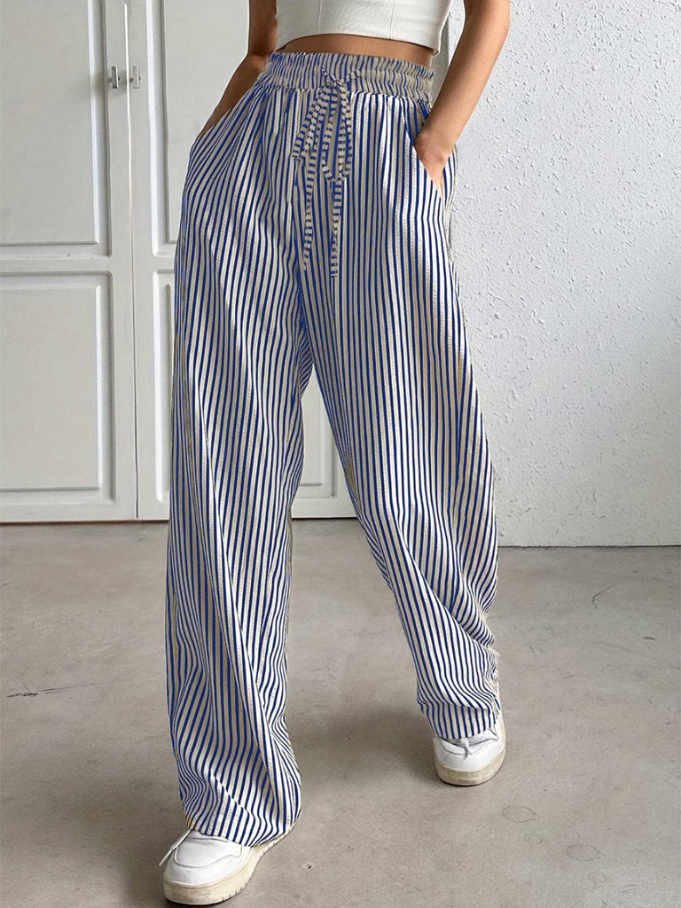 Striped slacks straight leg pants- Blue