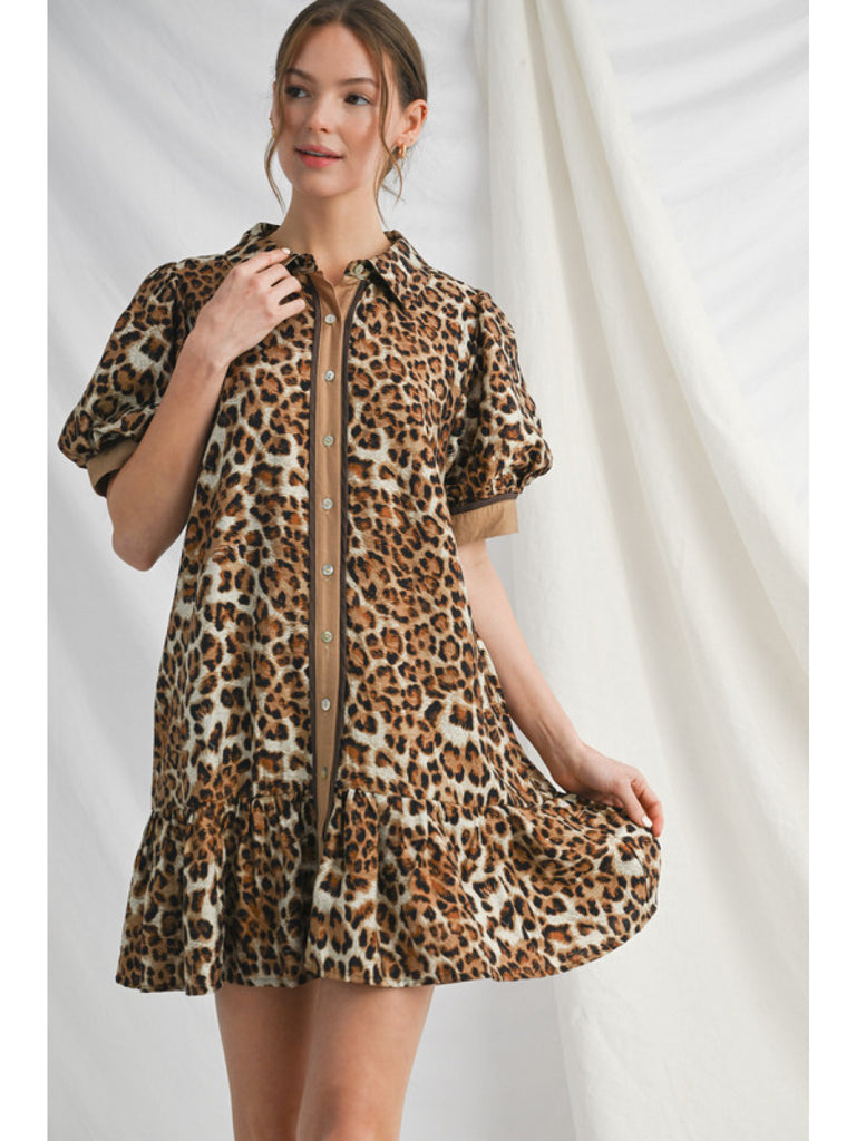 Leopard Button down dress with Puff Sleeve