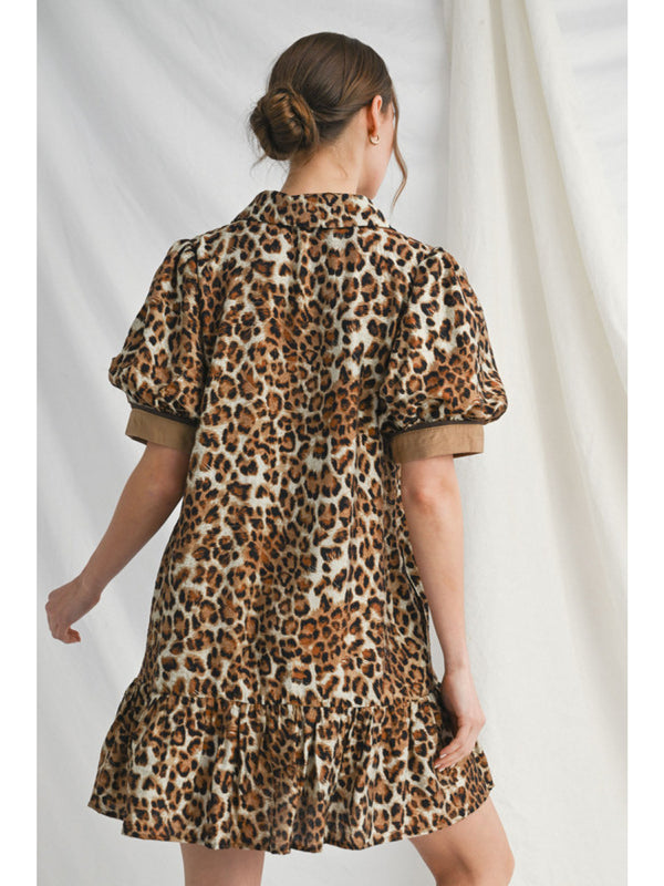 Leopard Button down dress with Puff Sleeve