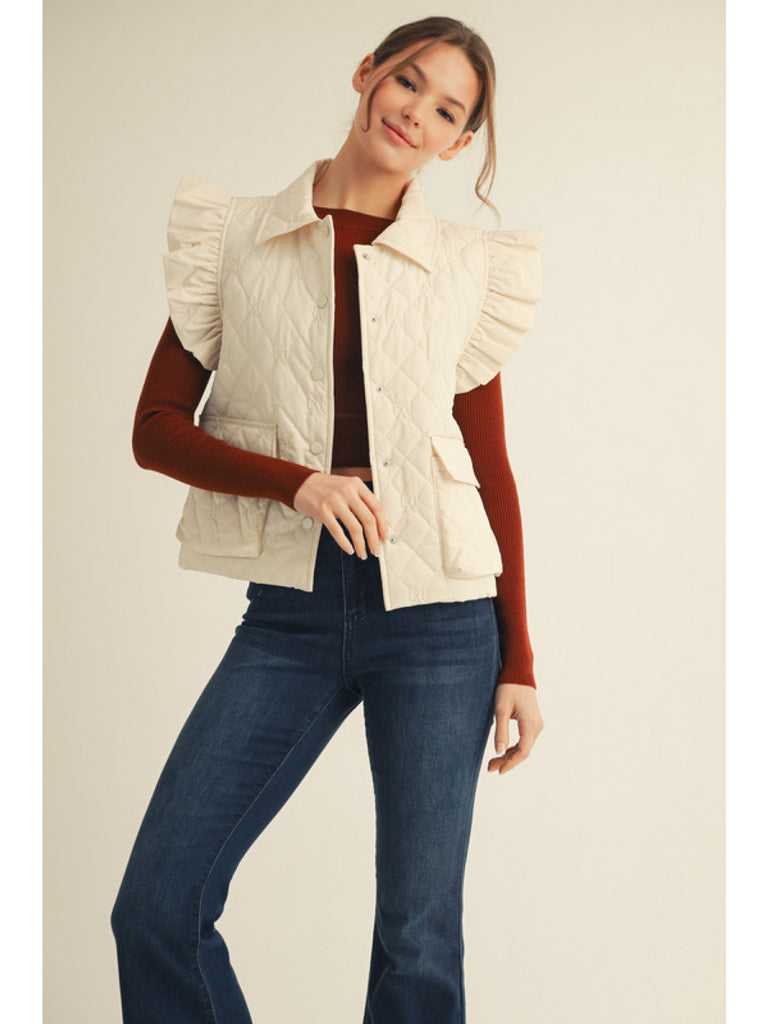 Quilted Vest with Pocket, Tiny Bow Embroidery - Cream