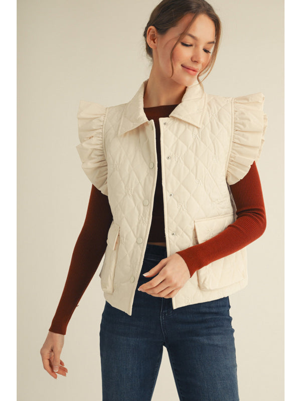 Quilted Vest with Pocket, Tiny Bow Embroidery - Cream