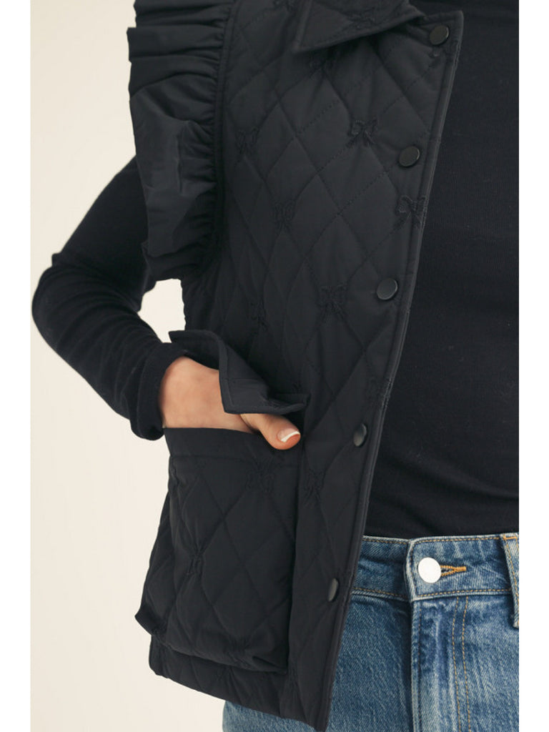 Quilted Vest with Pocket, Tiny Bow Embroidery - Black