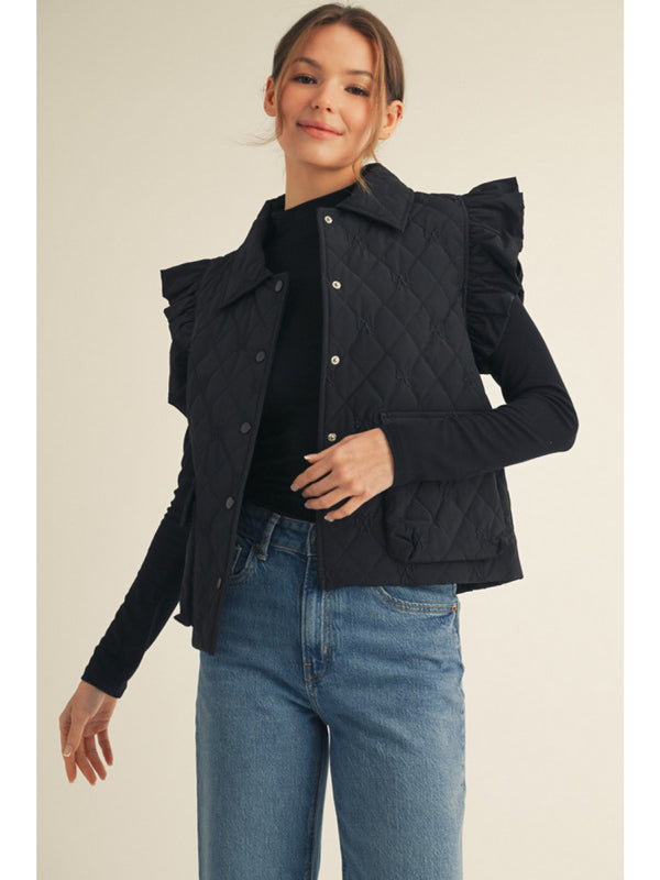 Quilted Vest with Pocket, Tiny Bow Embroidery - Black