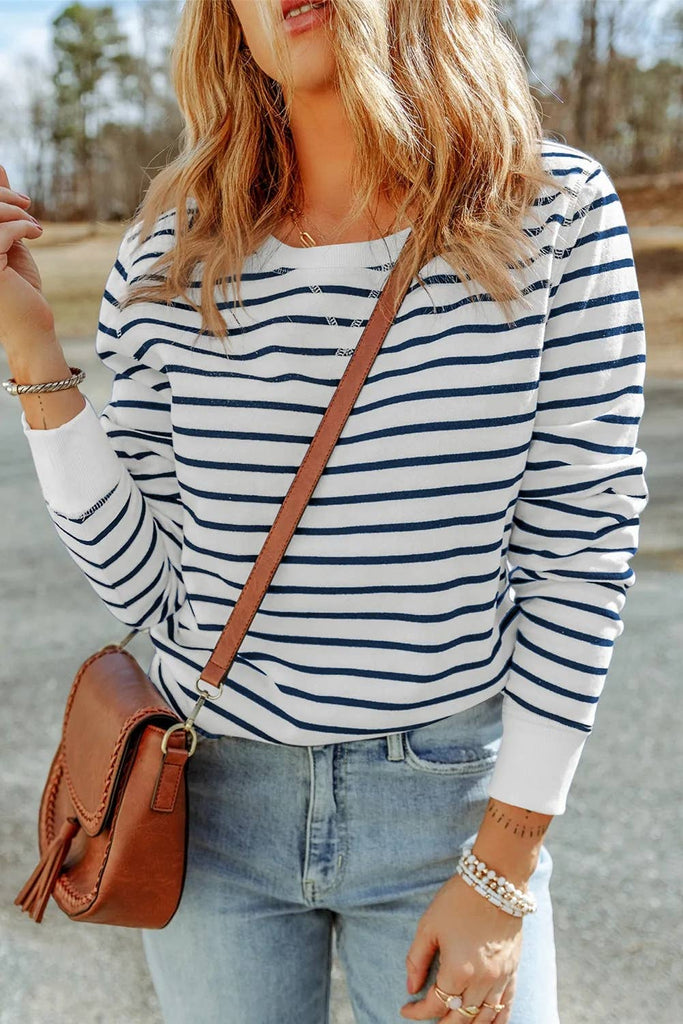 Casual Striped Print Ribbed Trim Long Sleeve Top