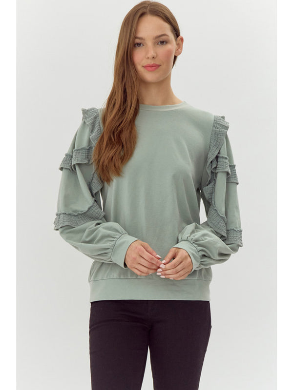 Solid sweatshirts top with long peasant sleeves