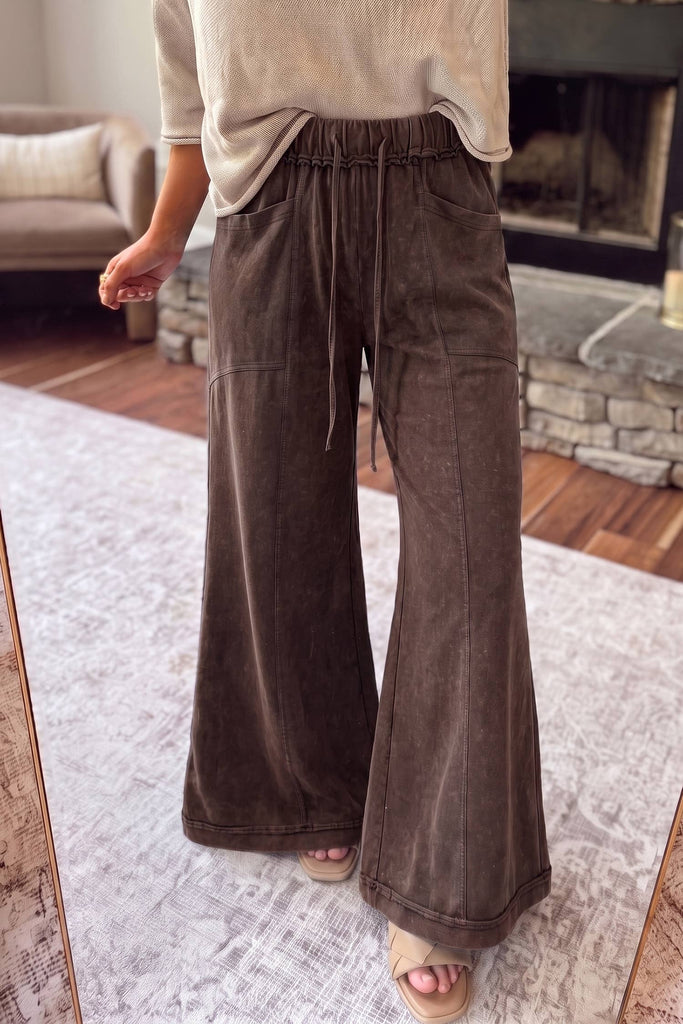 Little Daisy Closet - HOT Mineral Wash Seam Detail Flare Leg Drawstring Pants|S-4X: Coffee / S