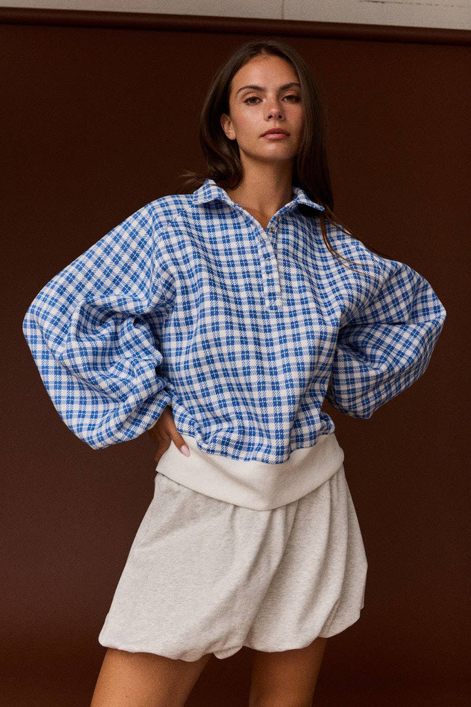 Papermoon - PT19994 Elora Collar Plaid Button Pullover: BLUE/WHITE / S-M-L (2-2-2)