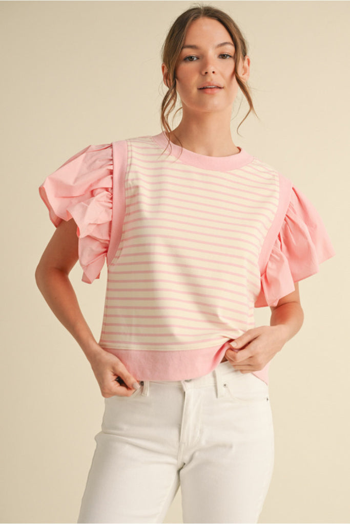 Striped top with ruffly trimming shoulders