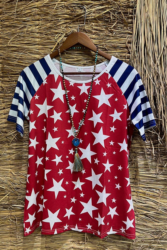 4th of July Star Print Splicing T Shirt Top Women