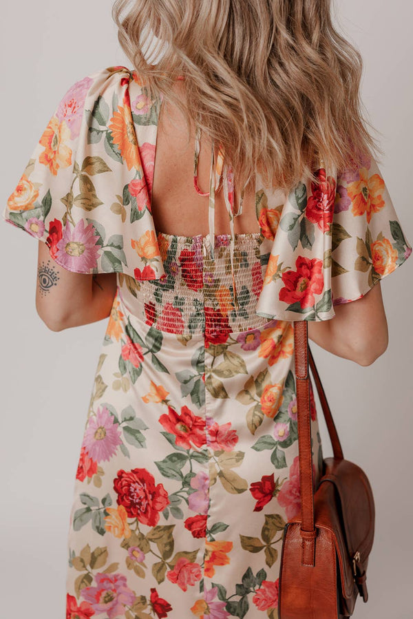 Vintage Floral V Neck Tie Back Slit Maxi Dress