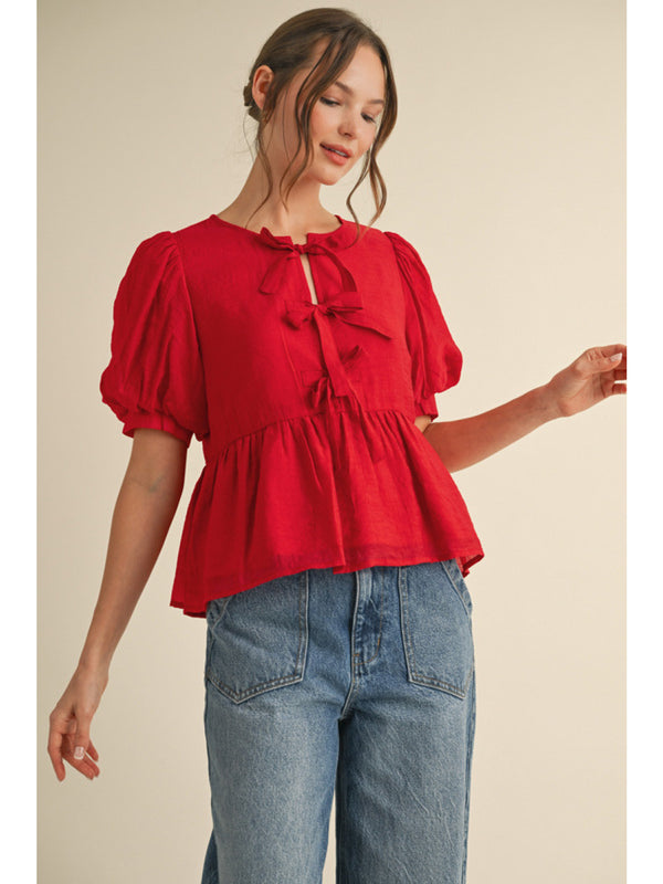 Solid Bow Ties Peplum Top with U-Neck - Red