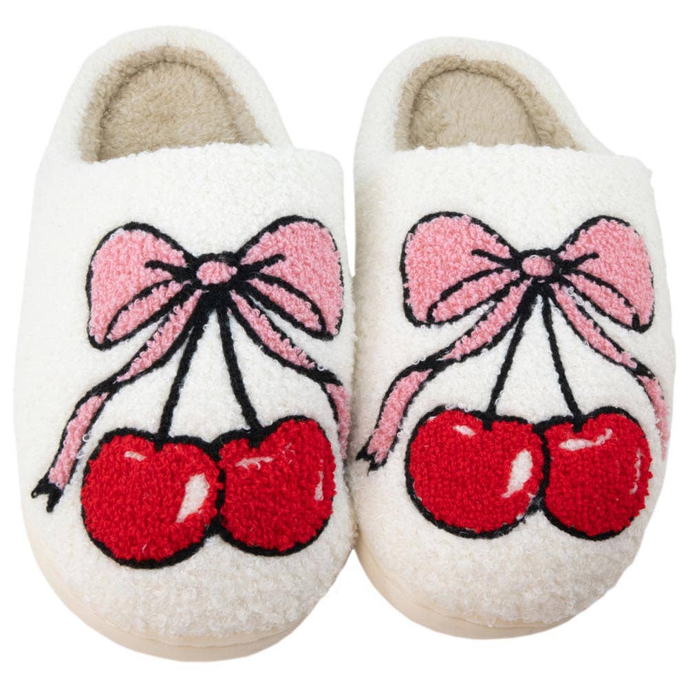 Cherry Bow Fuzzy Valentine's Slippers For Women