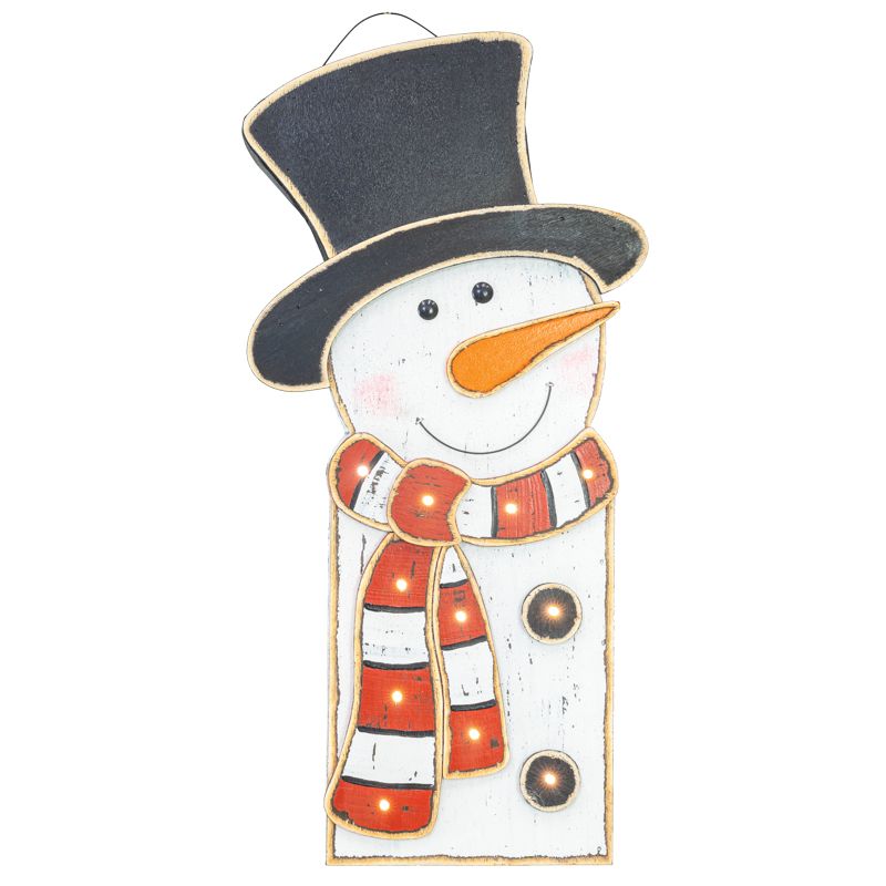 Wooden Snowman with Top Hat and Lights