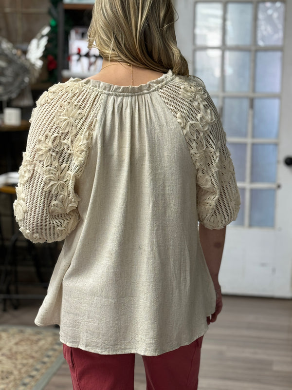 Cream Linen Top with V-Neck Raglan Contrast Flower Sleeve