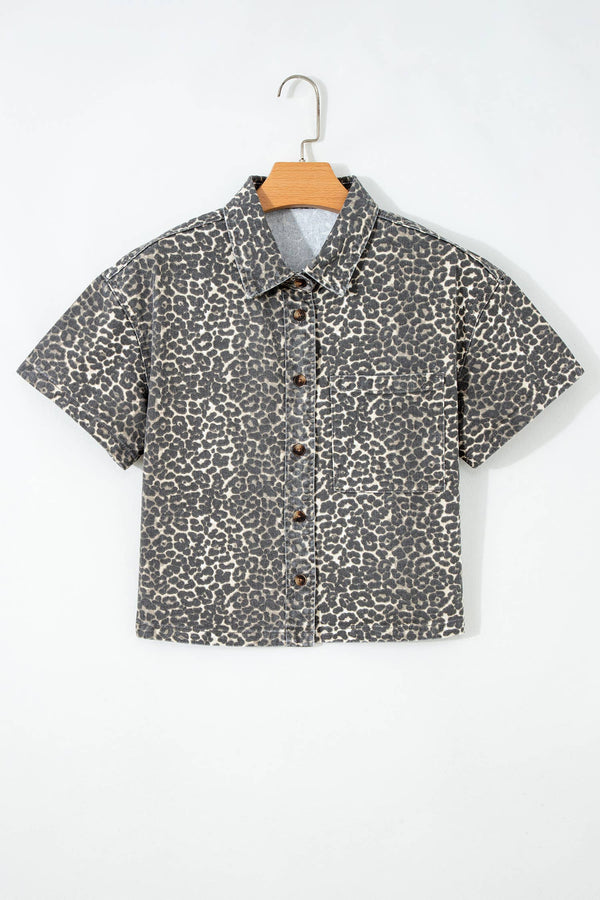 Leopard Denim Short Sleeve Button Cropped Shirt