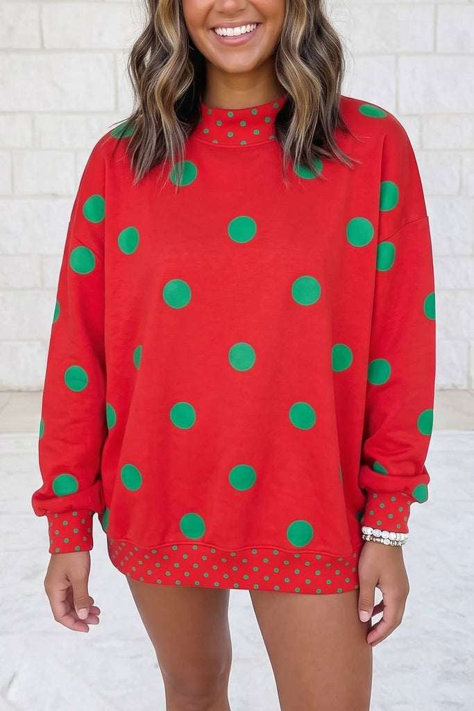 1 the Woman - Polka Dot Print Contrast Detail Mock Neck Sweatshirt S–4X: Red / XL
