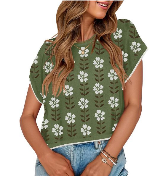 Retro Floral Knit Crop Top Vintage Pullover - see Colors