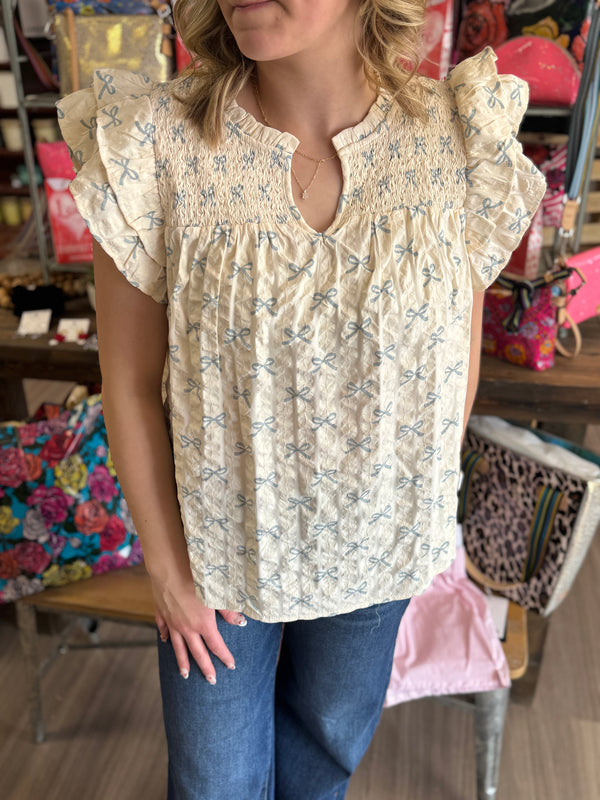 Blue Bow Printed Top with Ruffle Sleeves