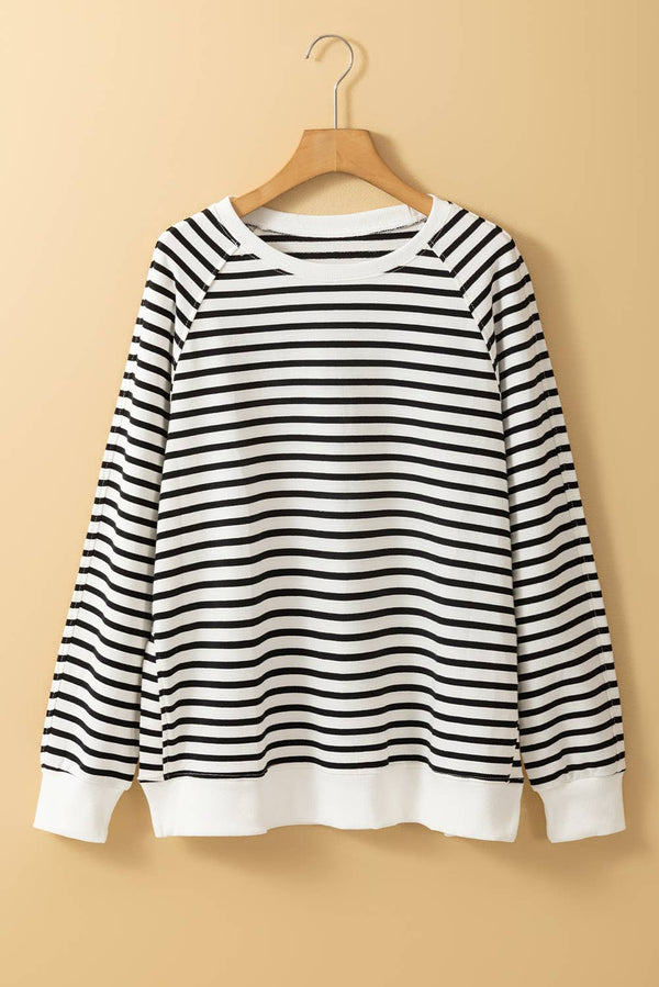Classic Stripe Side Slits Loose Sweatshirt - Black/White
