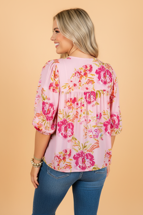 Floral Tie Neck 3/4 Puff Sleeve Blouse