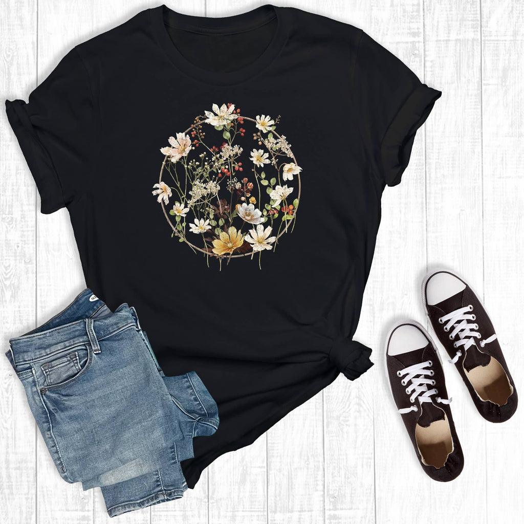 Retro Spring Flowers Graphic Tee - Black