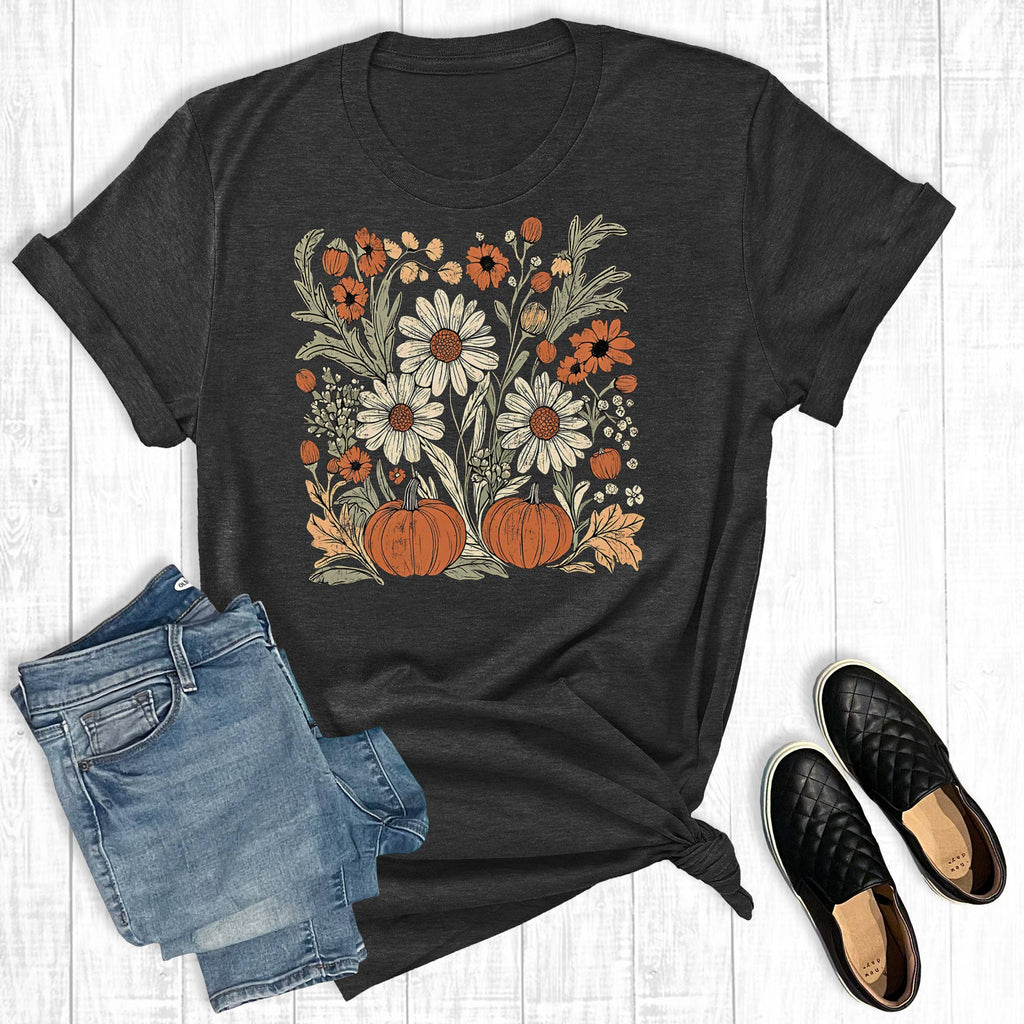 Retro Boho Floral Fall Graphic Tee: Charcoal