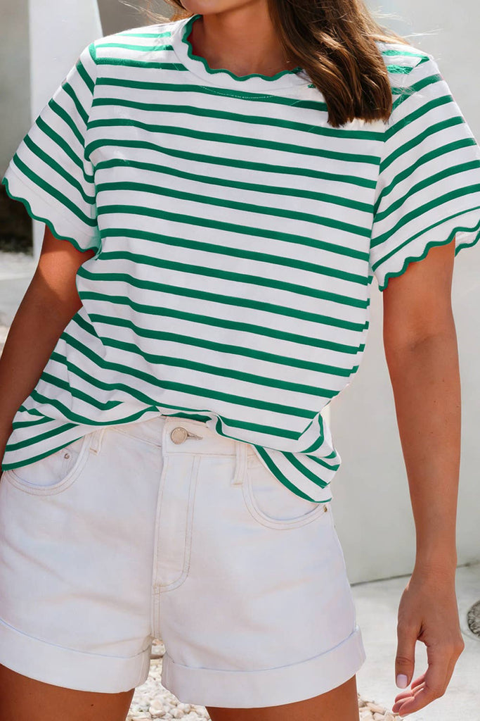 Scalloped Trim Round Neck Stripe T Shirt -Green Stripe