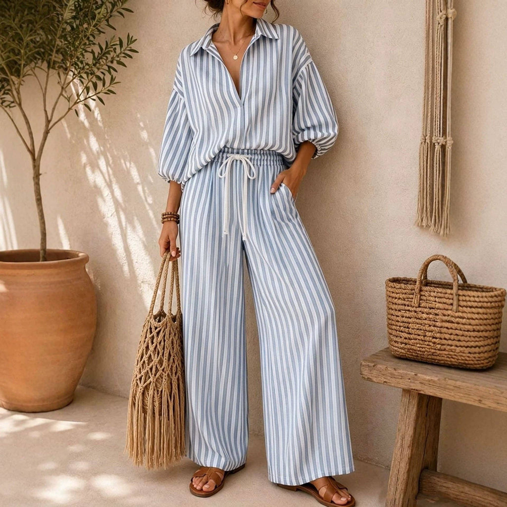 Suhkasana - Striped Oversized Shirt Wide Leg Pants Set: Light Blue / 95%Polyester5%Spande / 2XL