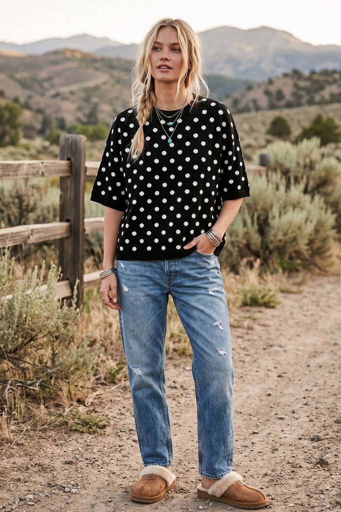 Sewn and Seen - Oversized Polka Dot Sweater Top: BLACK/WHITE / L