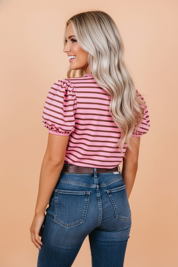 Stripe Ribbed Trim Puff Sleeve Top
