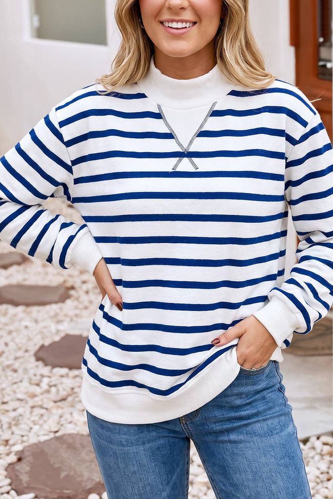 Navy Mock Neck Stripe Ribbed Cuff Hem Sweatshirt