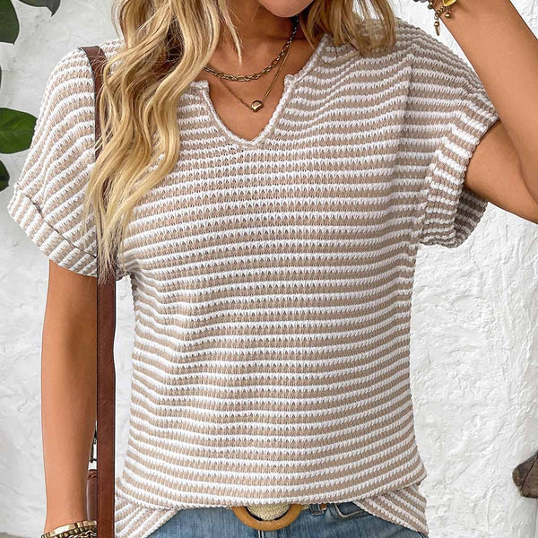 V-neck loose striped Tee - APRICOT
