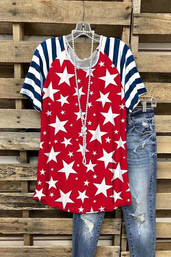 4th of July Star Print Splicing T Shirt Top Women