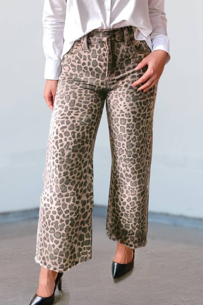 Leopard Frayed Edge Wide Leg High Waist Jeans