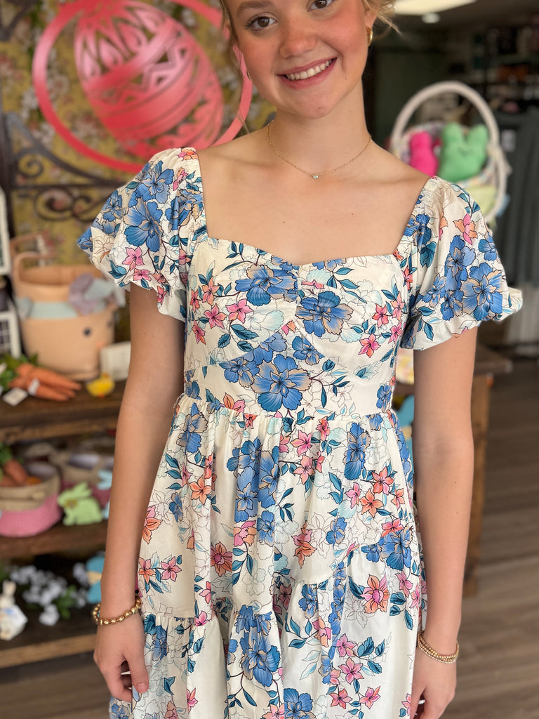 Floral Puff Sleeve Tiered Mini Dress- Blue