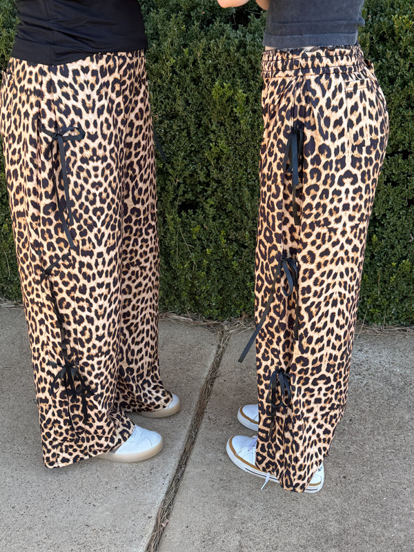 Bold Leopard Print Bow Tie Wide Leg Pants