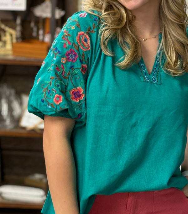 Linen Split Neck Top with Embroidery and Balloon Sleeves