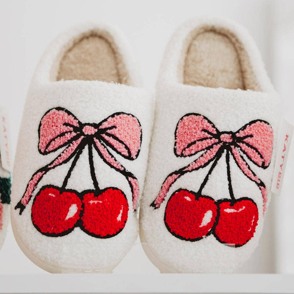 Cherry Bow Fuzzy Valentine's Slippers For Women