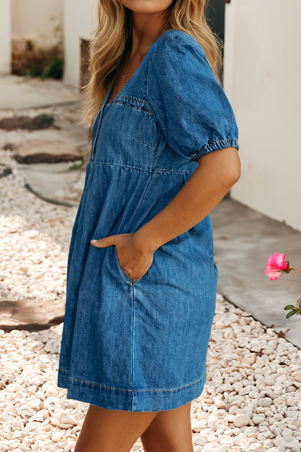 Square Neck Button Front Denim Puff Sleeves Mini Dress
