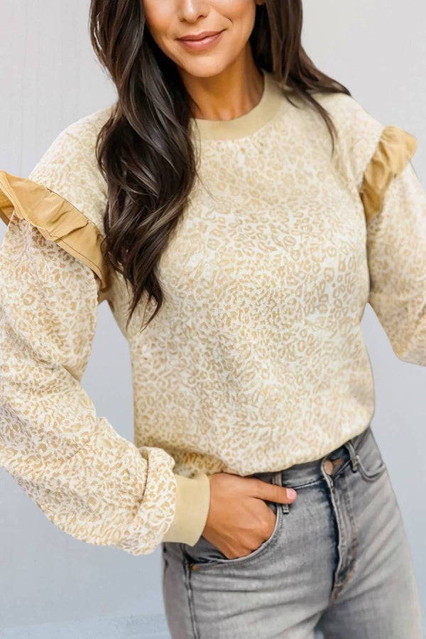 Leopard Ruffle Ribbed Trim Round Neck Sweatshirt