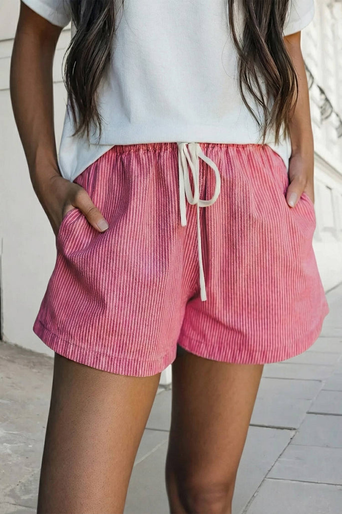 Stripe Drawstring Elastic Waist Denim Shorts