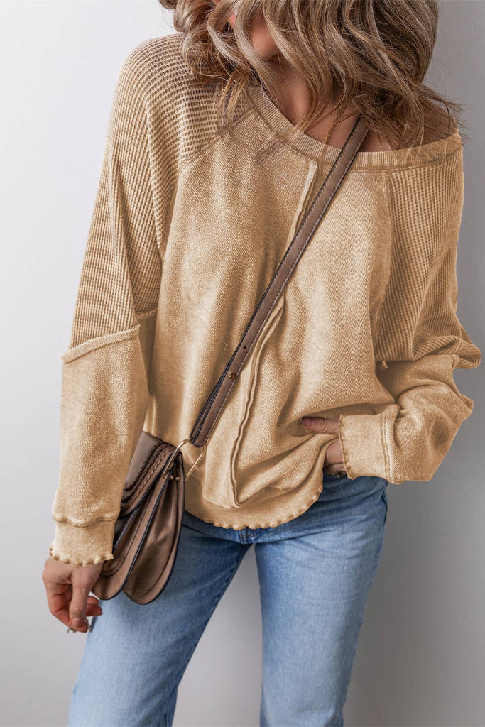 Waffle Knit Patchwork Exposed Seam Raglan Sweatshirt: Beige