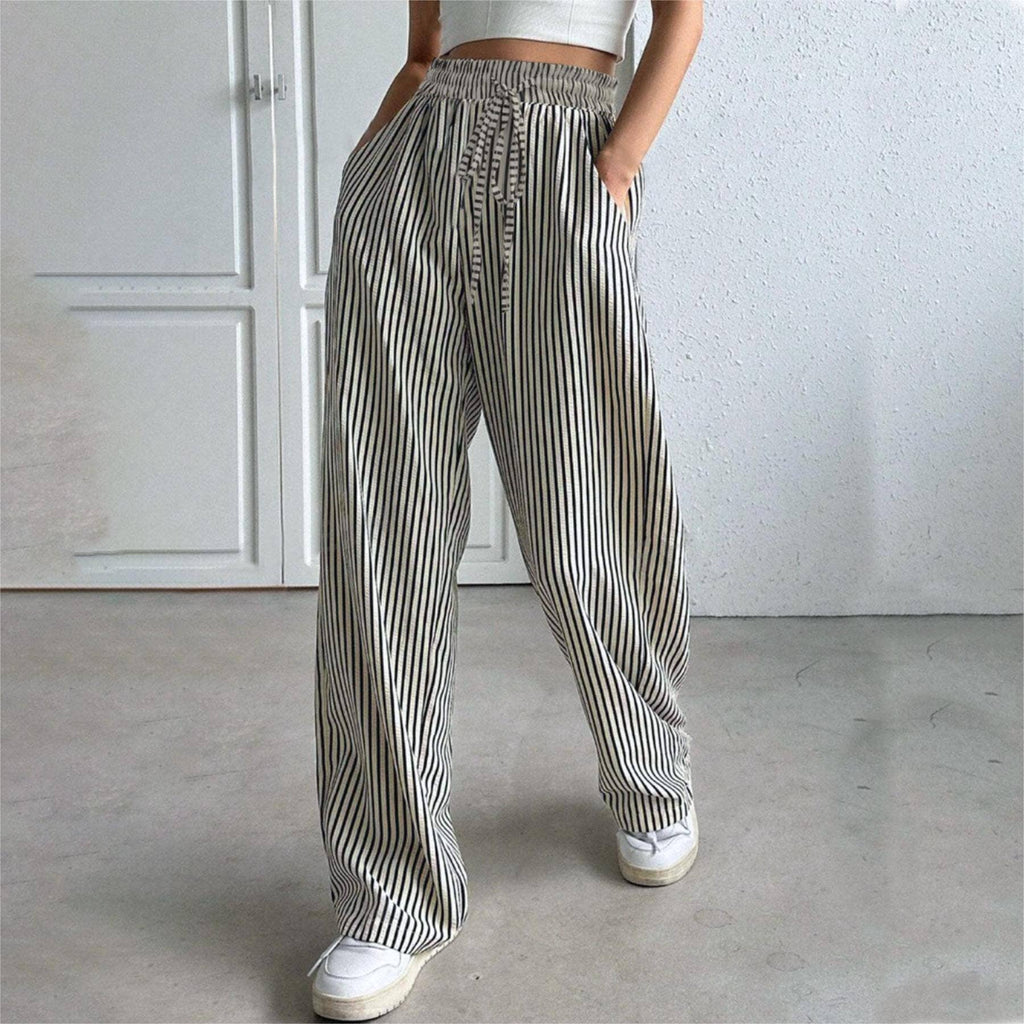 Striped slacks straight leg pants- Black
