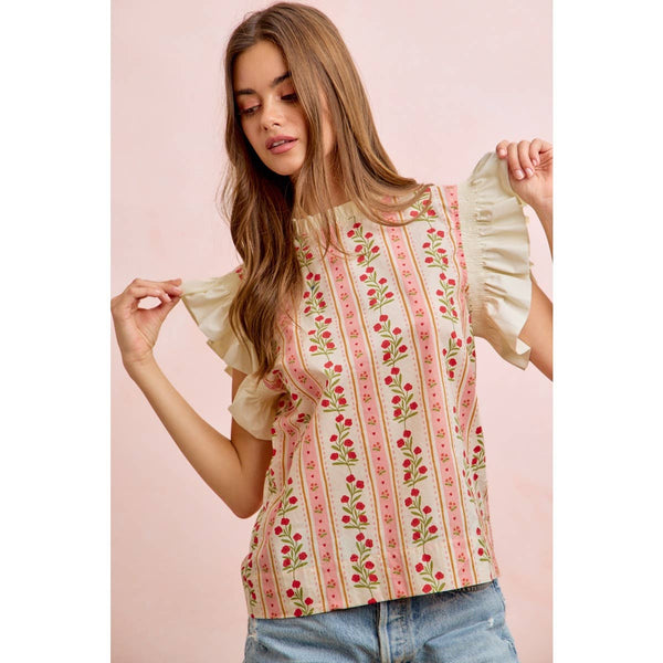 FLOWER WOVEN CONTRAST SOLID RUFFLE BLOUSE TOP