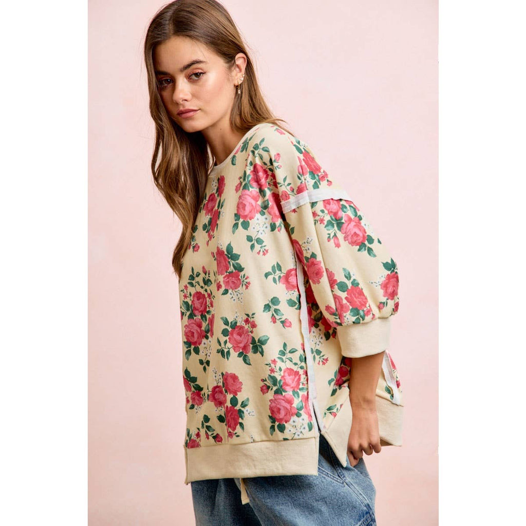 ROSE PRINTED TERRY OPEN SEAM HALF SLEEVES TOP