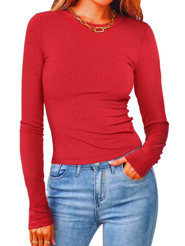 Suhkasana - Women's Ribbed Long Sleeve Crop Top Fitted Crew Neck Tee: Red / M