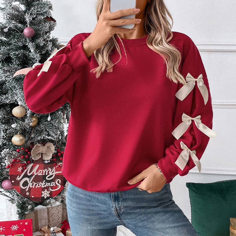 Crew Neck Bowknot Long Sleeve Sweatshirts -Red